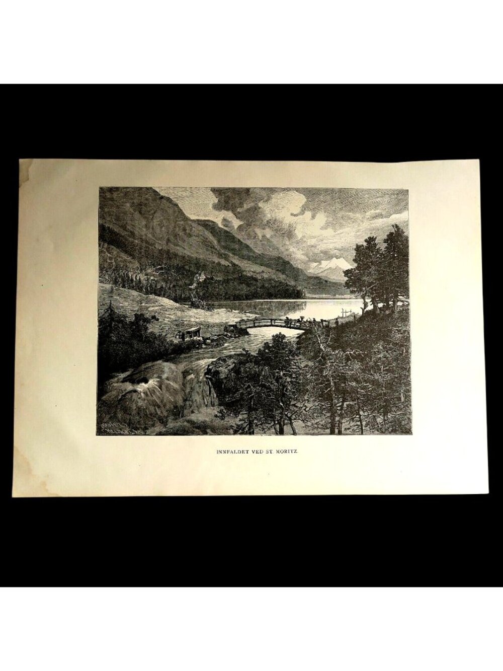 1883 Innfaldet Ved St. Moritz Engraving by Closs, Swiss Alpine Scene